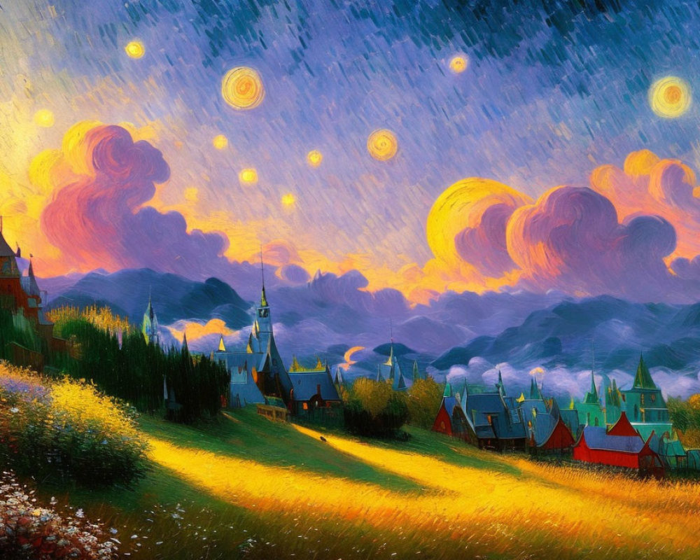 Colorful painting of whimsical sunset landscape with star-filled sky, luminous clouds, and quaint village