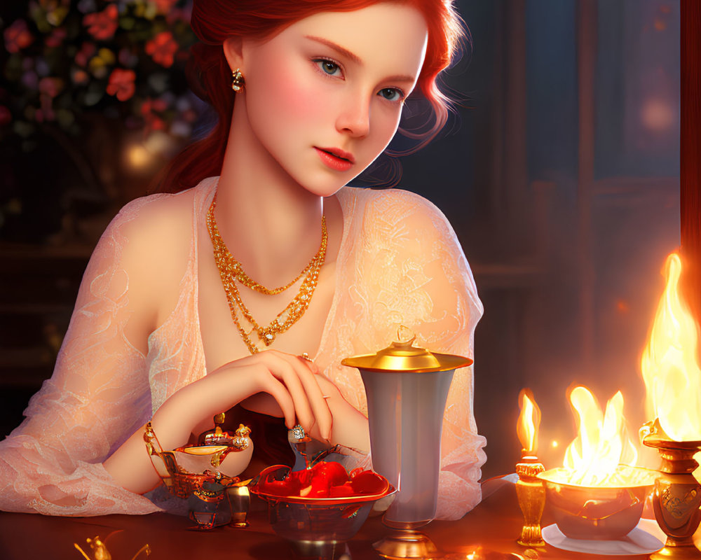 Red-haired woman in lace dress sitting at table with candle, cup, and strawberries.