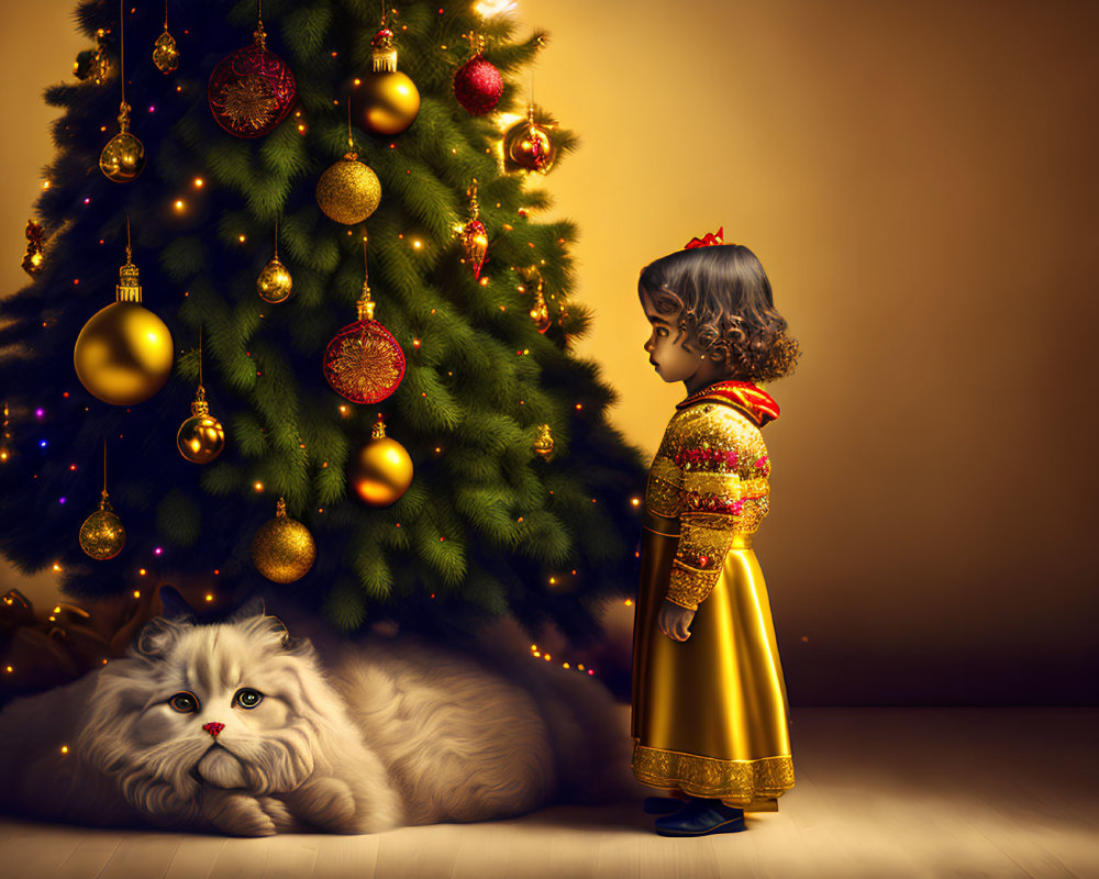 Child in festive dress admires Christmas tree with white cat under warm lights