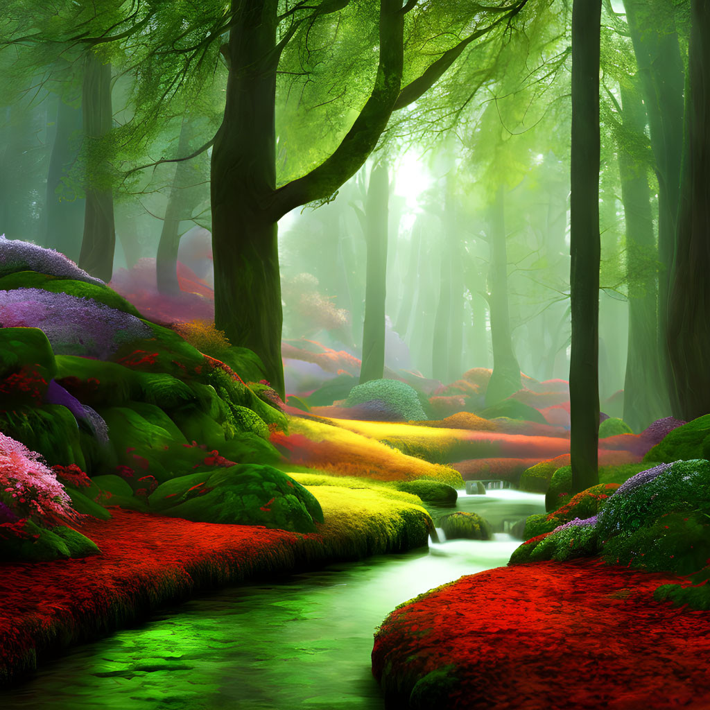 Tranquil forest stream with moss-covered rocks and vibrant vegetation