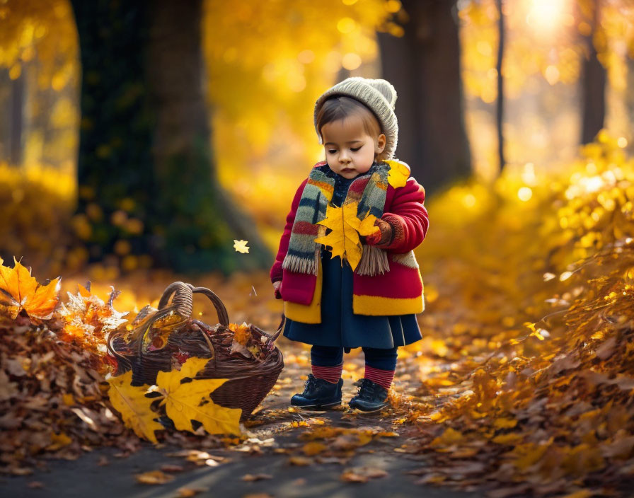 Toddler in Warm Hat and Scarf Amid Autumn Leaves and Basket