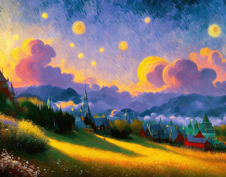 Colorful painting of whimsical sunset landscape with star-filled sky, luminous clouds, and quaint village