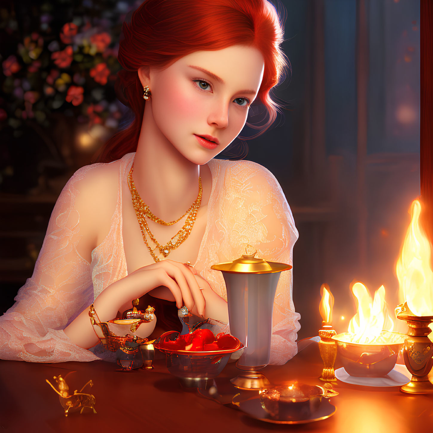 Red-haired woman in lace dress sitting at table with candle, cup, and strawberries.