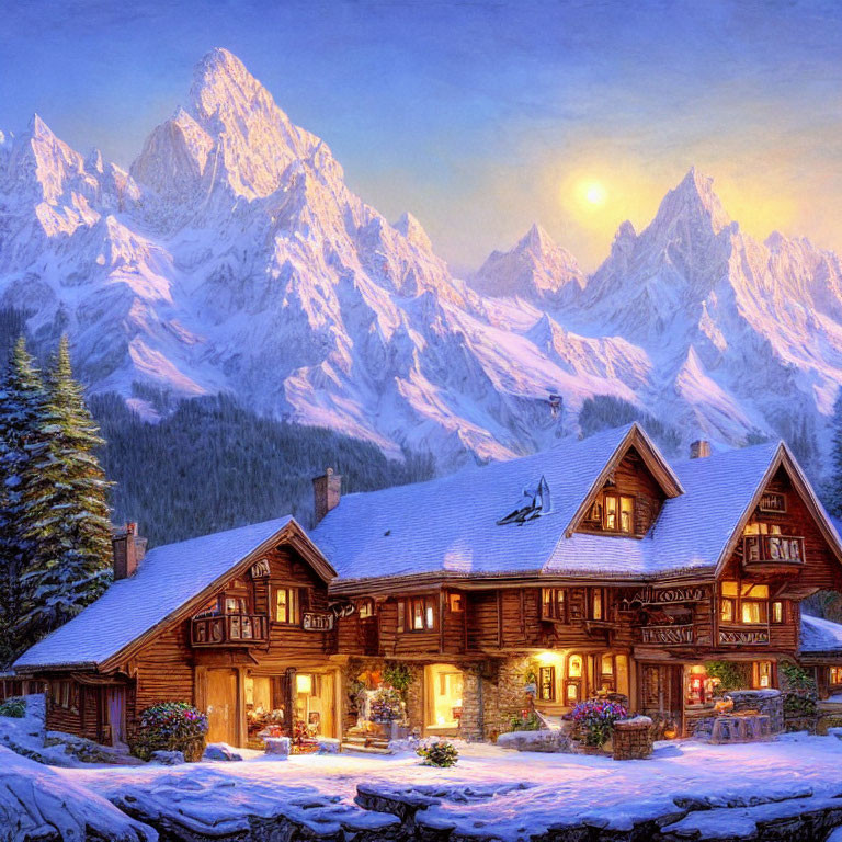 Snow-covered mountains and cozy illuminated chalets in a winter sunset.