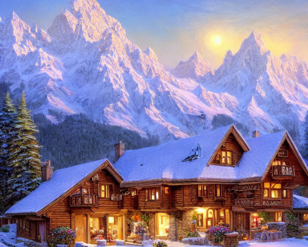 Snow-covered mountains and cozy illuminated chalets in a winter sunset.