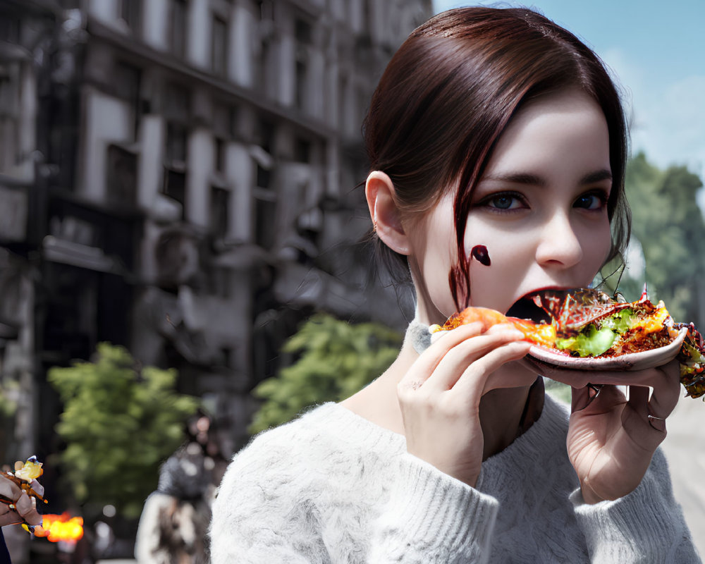 Woman in white sweater eating pizza with flames and soldier in city street.