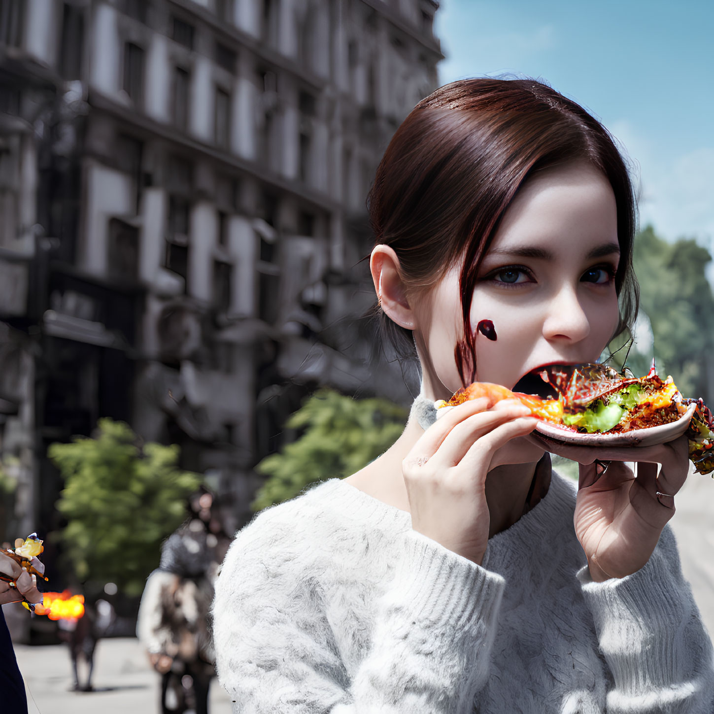 Woman in white sweater eating pizza with flames and soldier in city street.