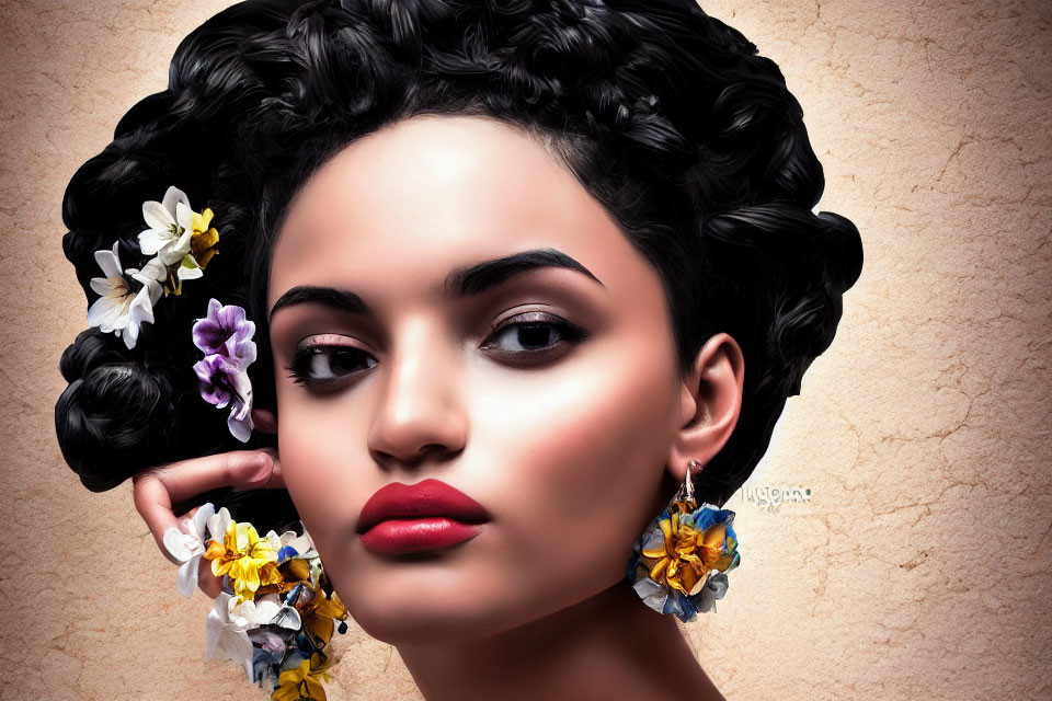 Portrait of a woman with dark hair, floral earrings, and colorful flowers