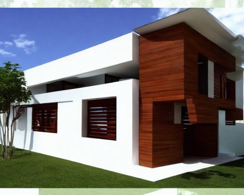 Contemporary two-story house with white and wooden facade, large windows, and green lawn