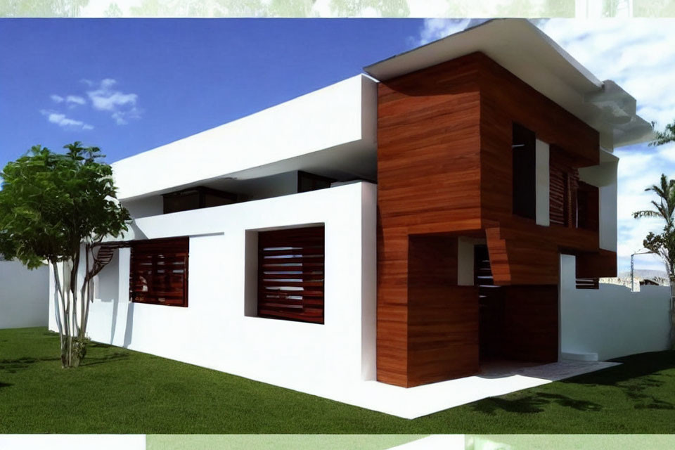 Contemporary two-story house with white and wooden facade, large windows, and green lawn