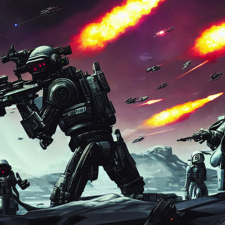 Giant robot and soldiers in futuristic battle scene with explosions and flying ships