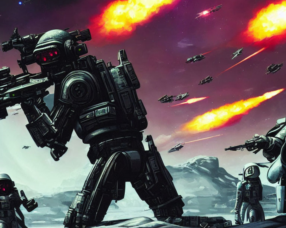 Giant robot and soldiers in futuristic battle scene with explosions and flying ships