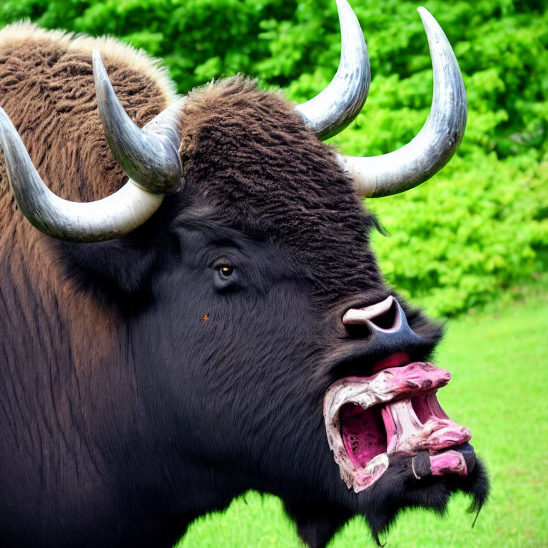 Close-up of Bison with Mouth Open and Tongue Out on Blurred Green Background