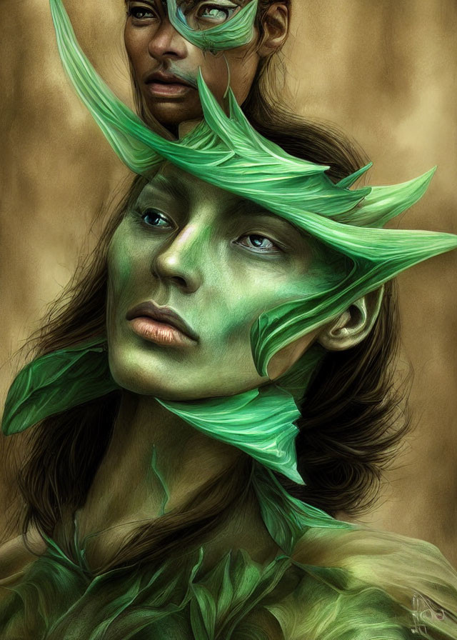 Two individuals with green, leaf-like extensions on their faces in digital artwork