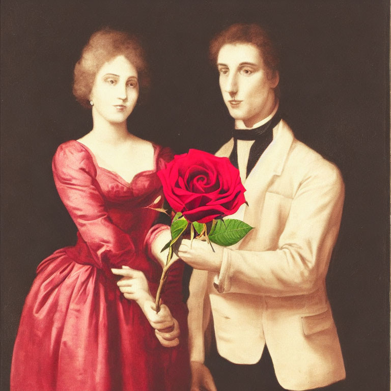 Portrait of Woman in Red Dress and Man in Black Suit with Red Rose