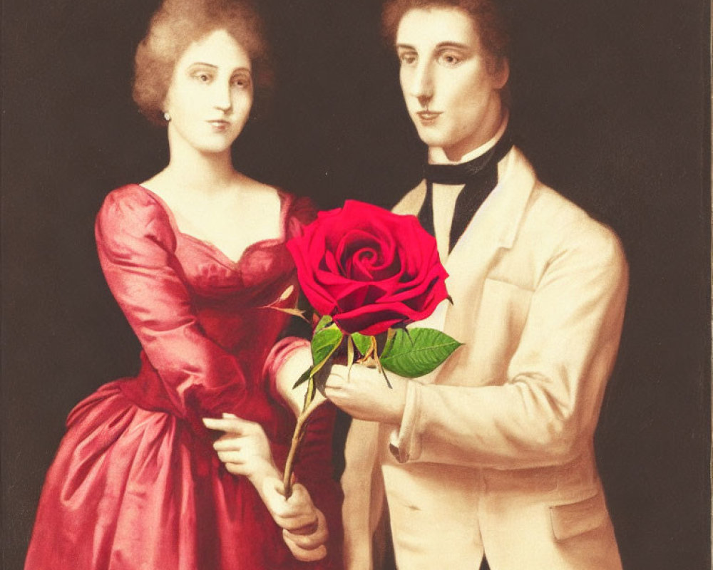 Portrait of Woman in Red Dress and Man in Black Suit with Red Rose