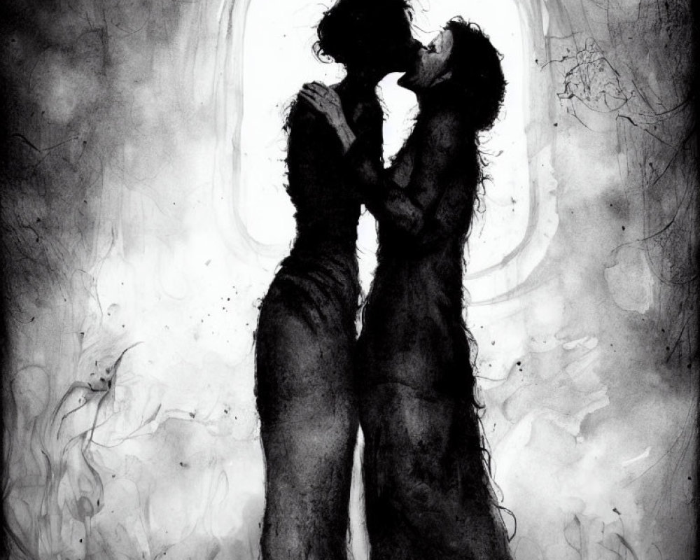 Monochrome painting of couple kissing against light window