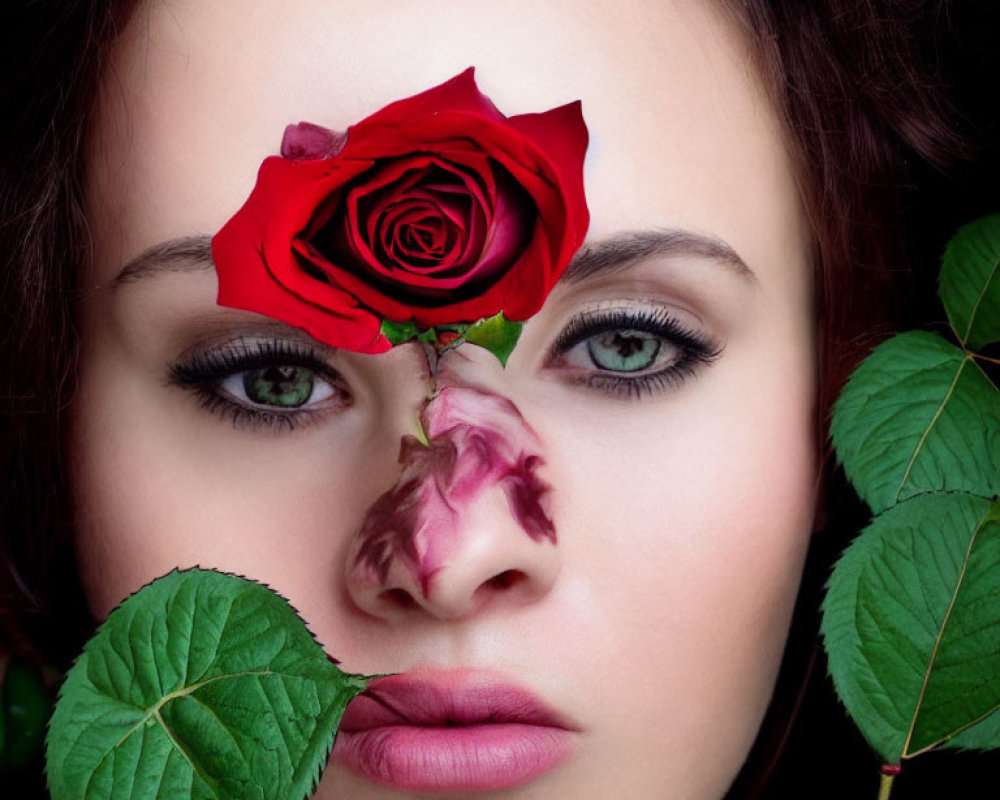 Close-Up Portrait of Woman with Vibrant Red Rose and Green Leaves