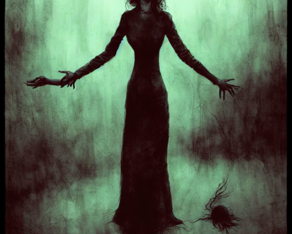 Ghostly figure in long black dress with elongated fingers in murky green atmosphere