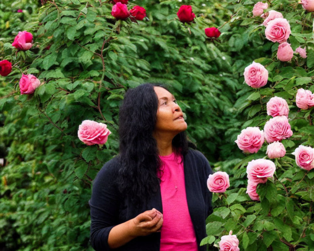 Woman with long black hair admires pink roses in lush garden