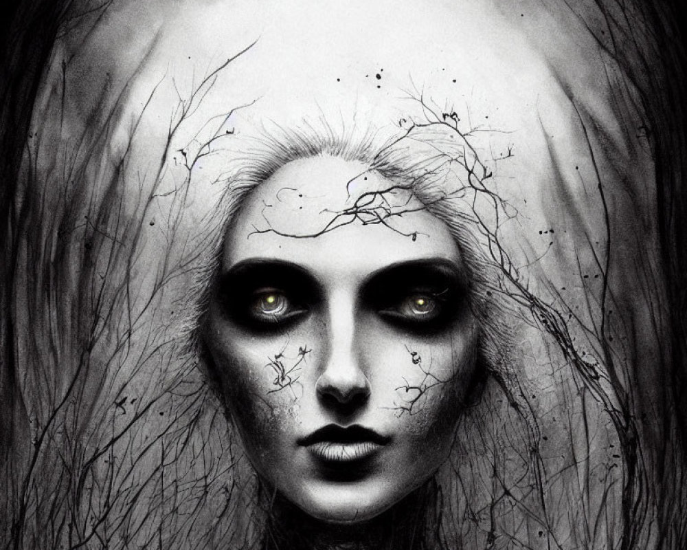 Monochromatic artwork featuring haunting female figure with dark eyes and intricate branch-like patterns.