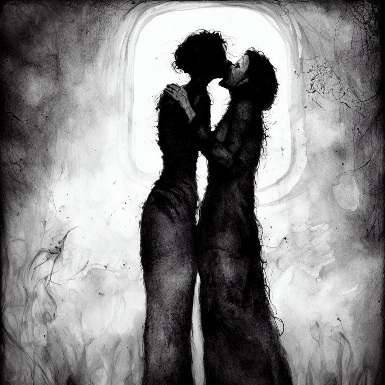 Monochrome painting of couple kissing against light window