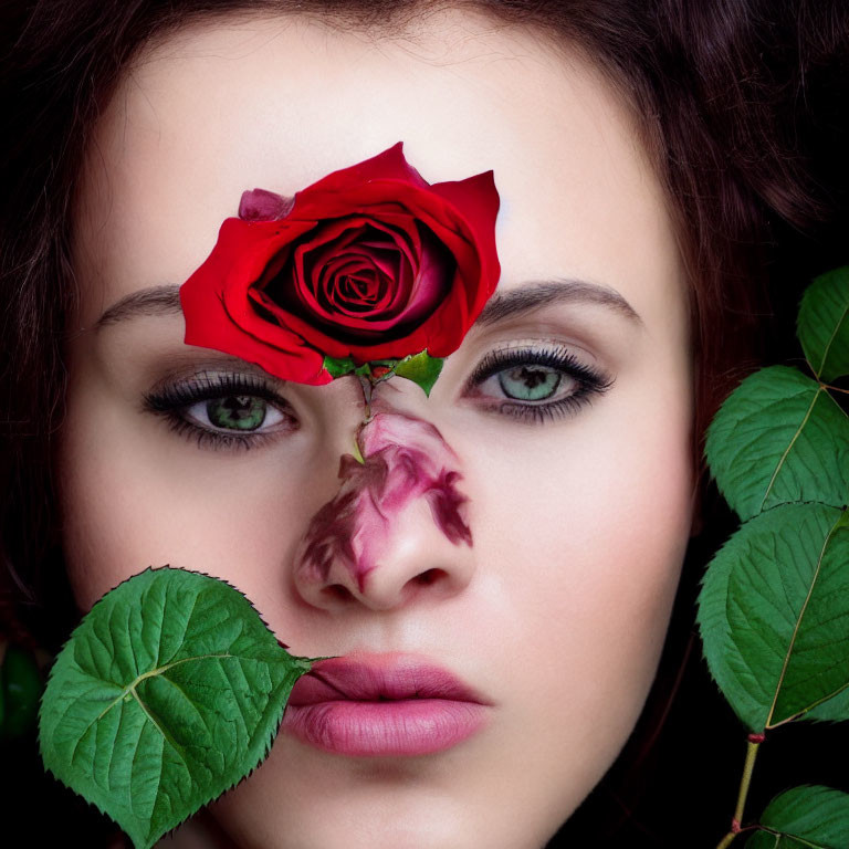 Close-Up Portrait of Woman with Vibrant Red Rose and Green Leaves