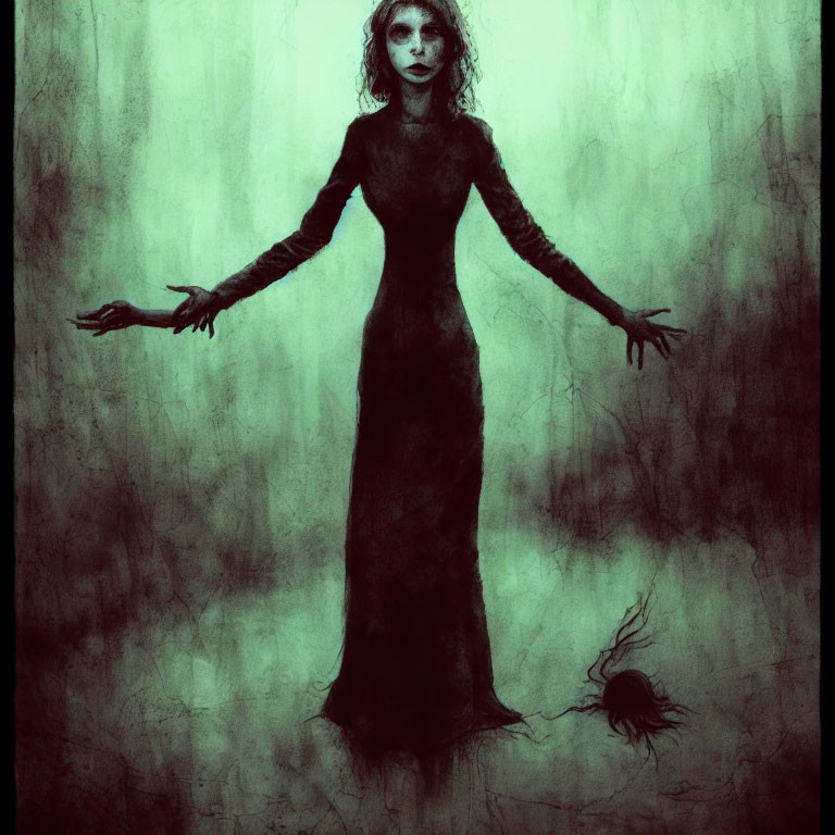 Ghostly figure in long black dress with elongated fingers in murky green atmosphere