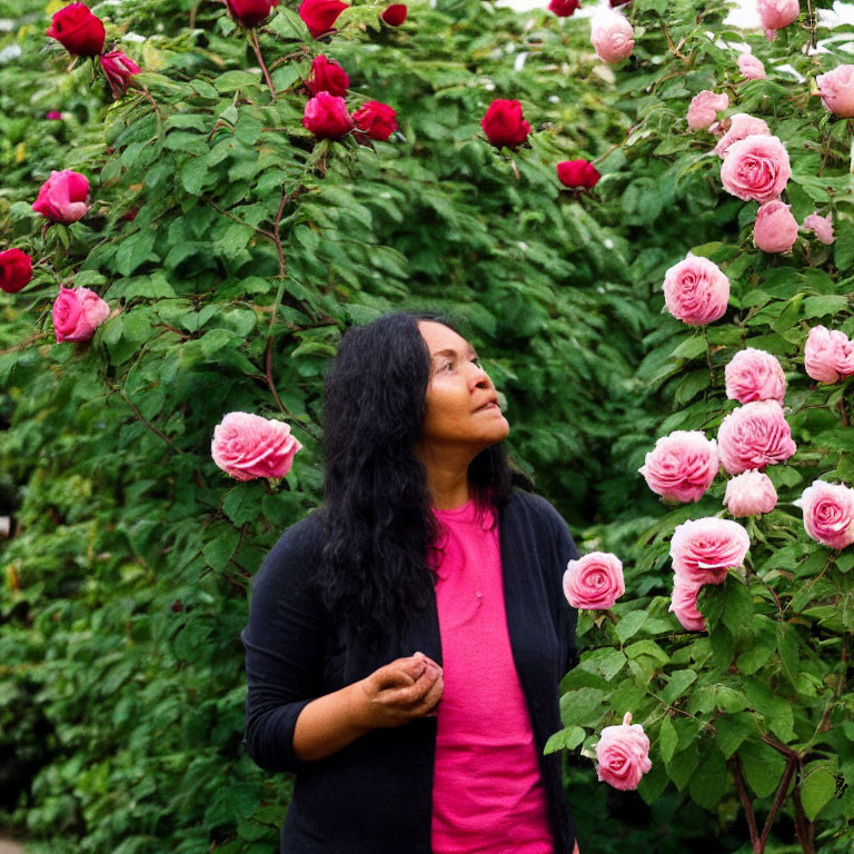 Woman with long black hair admires pink roses in lush garden