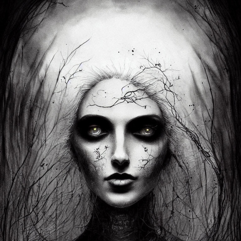 Monochromatic artwork featuring haunting female figure with dark eyes and intricate branch-like patterns.