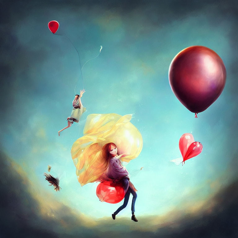 Surreal artwork of individuals floating with balloons and a giant bee in dreamlike setting