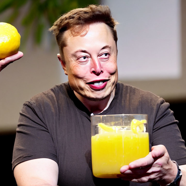 Smiling person holding glass of orange juice with lemon in hand