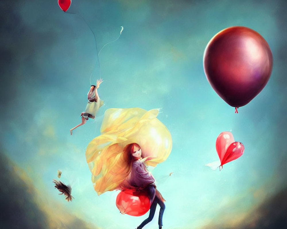 Surreal artwork of individuals floating with balloons and a giant bee in dreamlike setting