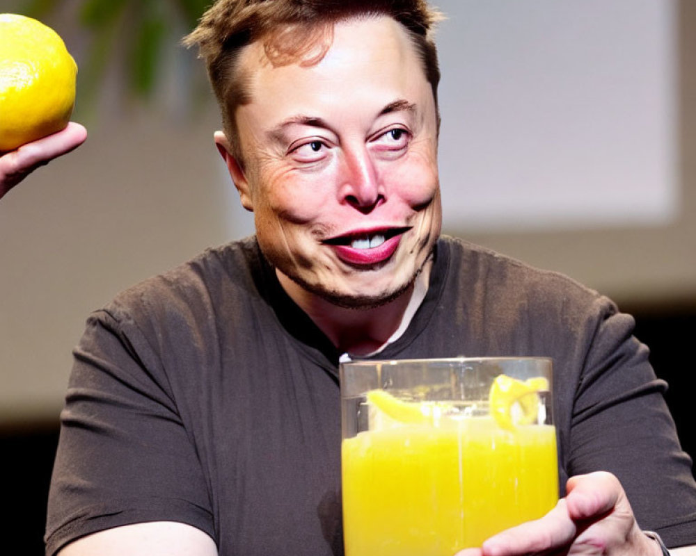 Smiling person holding glass of orange juice with lemon in hand