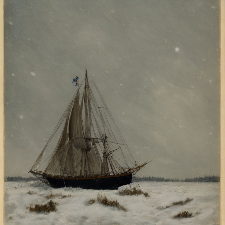 Sailboat on snowy landscape with bare masts and blue flag