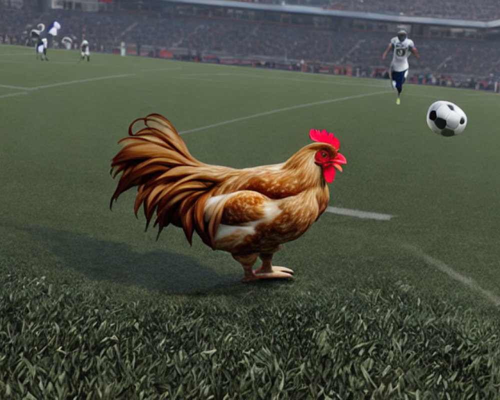 Rooster on Soccer Field with Players and Balls
