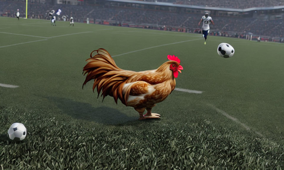 Rooster on Soccer Field with Players and Balls