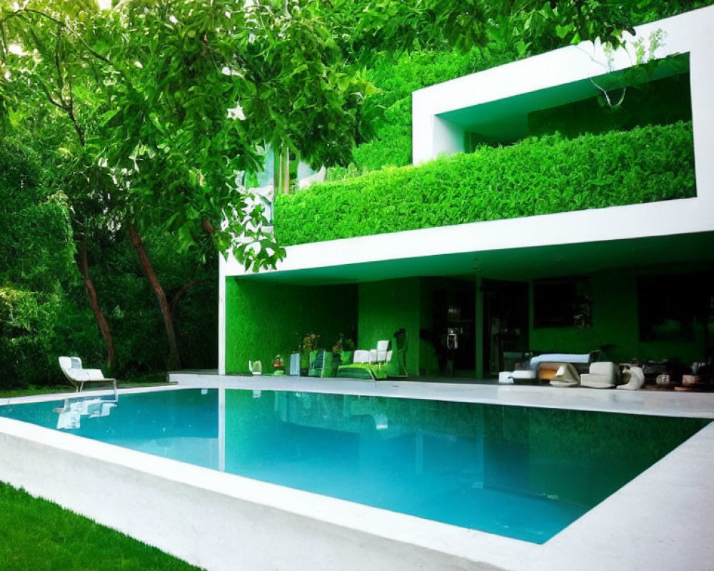 Modern House with Lush Greenery, Swimming Pool, and Manicured Lawn