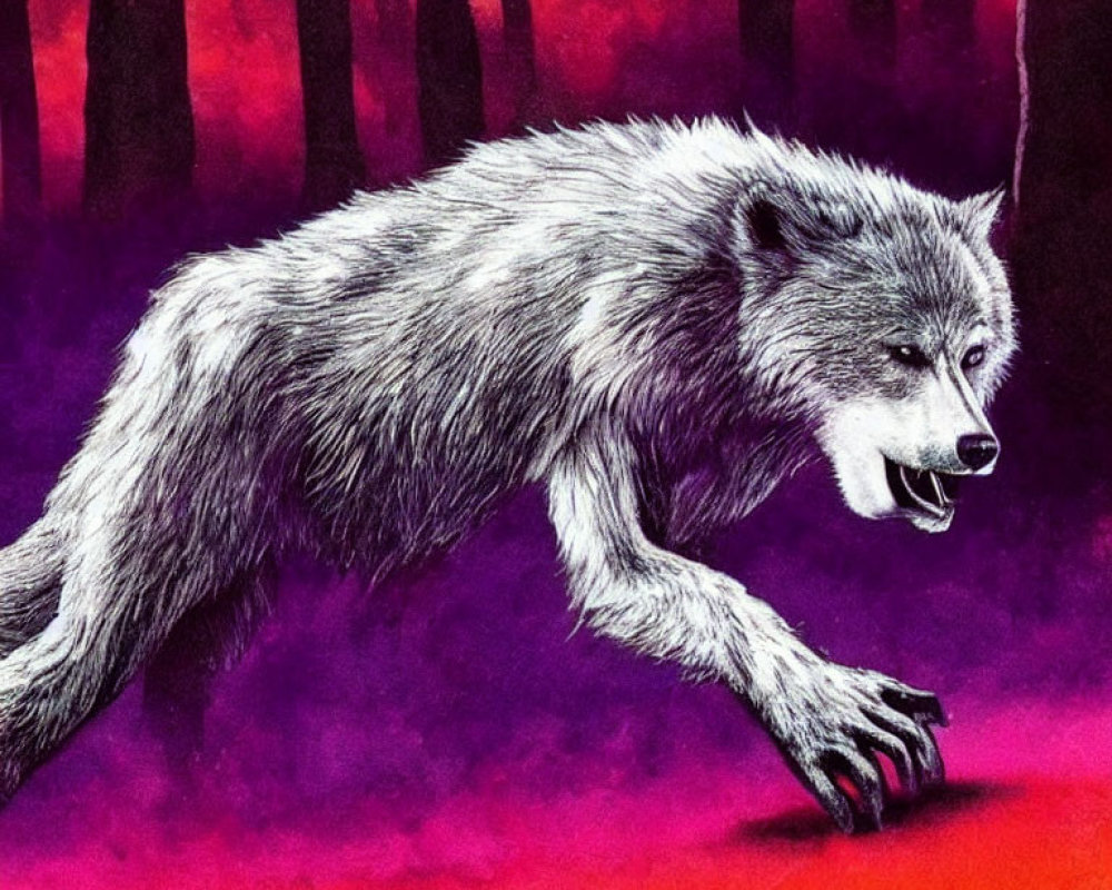 Stylized gray wolf in vibrant forest setting