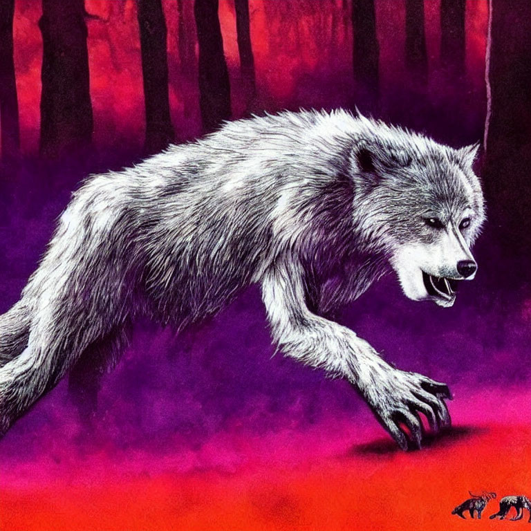 Stylized gray wolf in vibrant forest setting