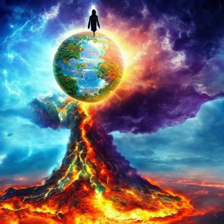 Person standing on globe above fiery lava in cosmic nebula backdrop