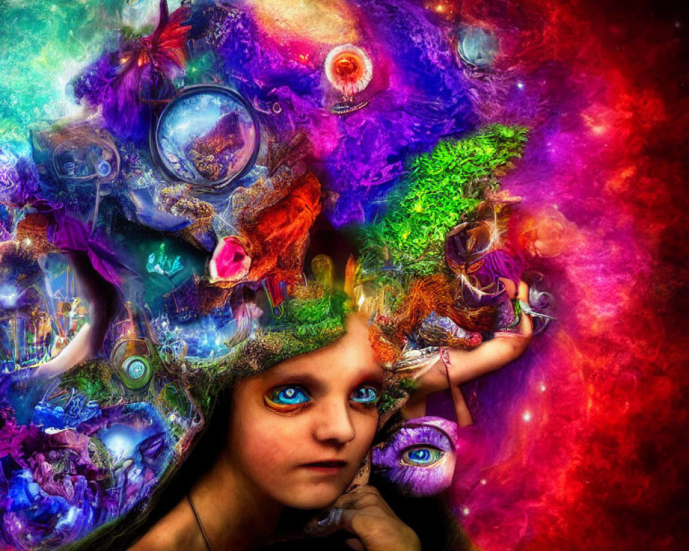 Surreal image of girl with vivid blue eyes in vibrant, multicolored nebula background