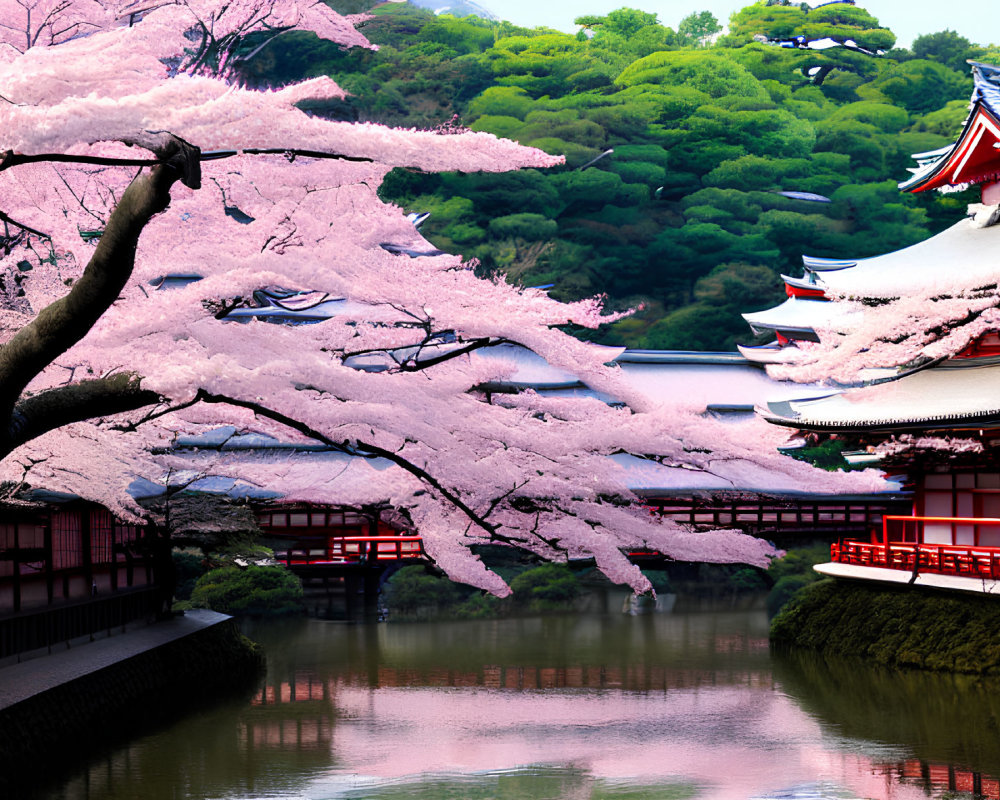 Traditional Japanese Temple Surrounded by Cherry Blossoms and Water Canal