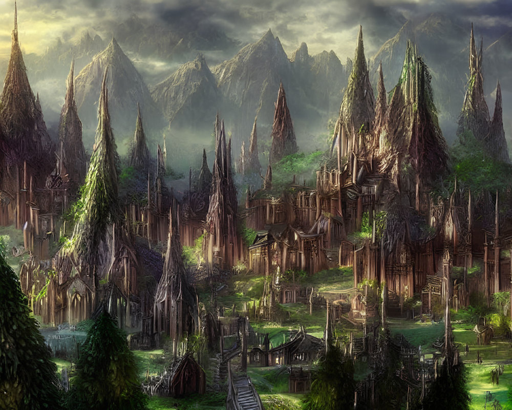 Fantasy Landscape with Towers, Castles, Mountains, and Glowing Lights