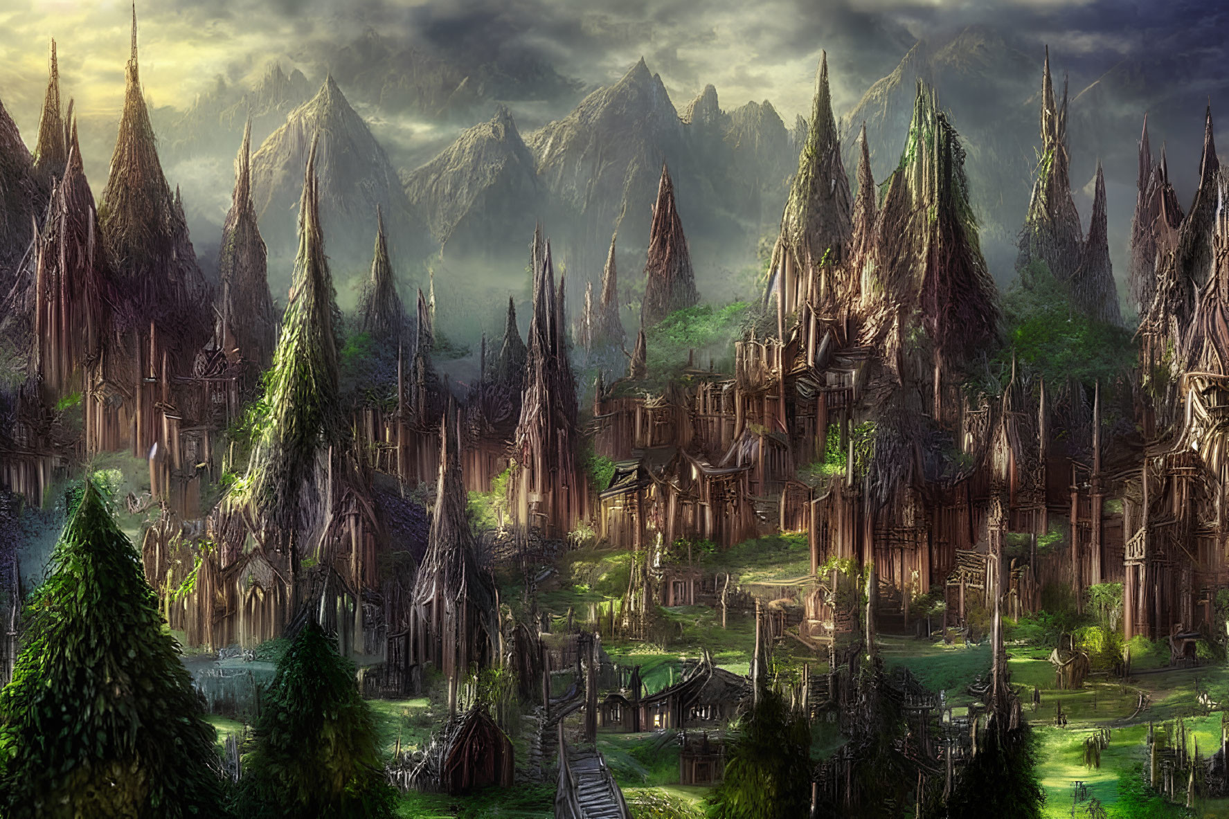 Fantasy Landscape with Towers, Castles, Mountains, and Glowing Lights