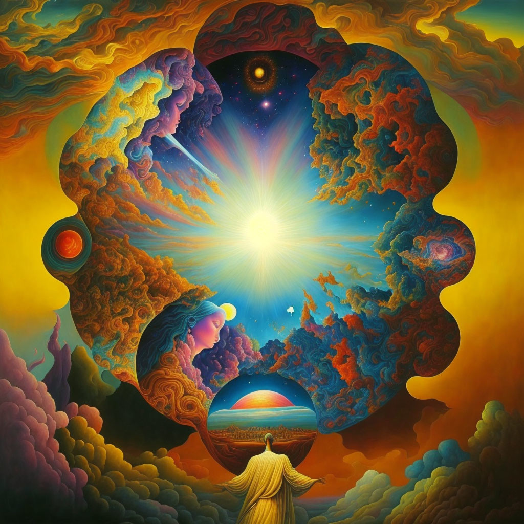 Vibrant surreal painting: robed figure, cosmic scene, sun, floating eye, faces.