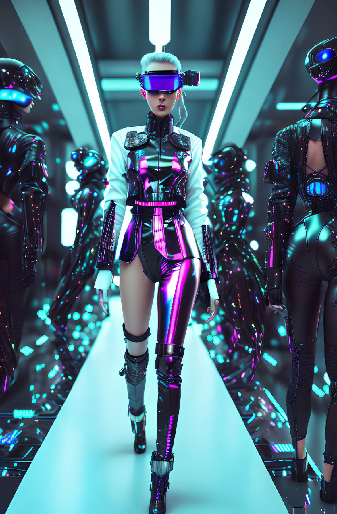 Futuristic cyberpunk woman in VR glasses with robots in neon-lit corridor