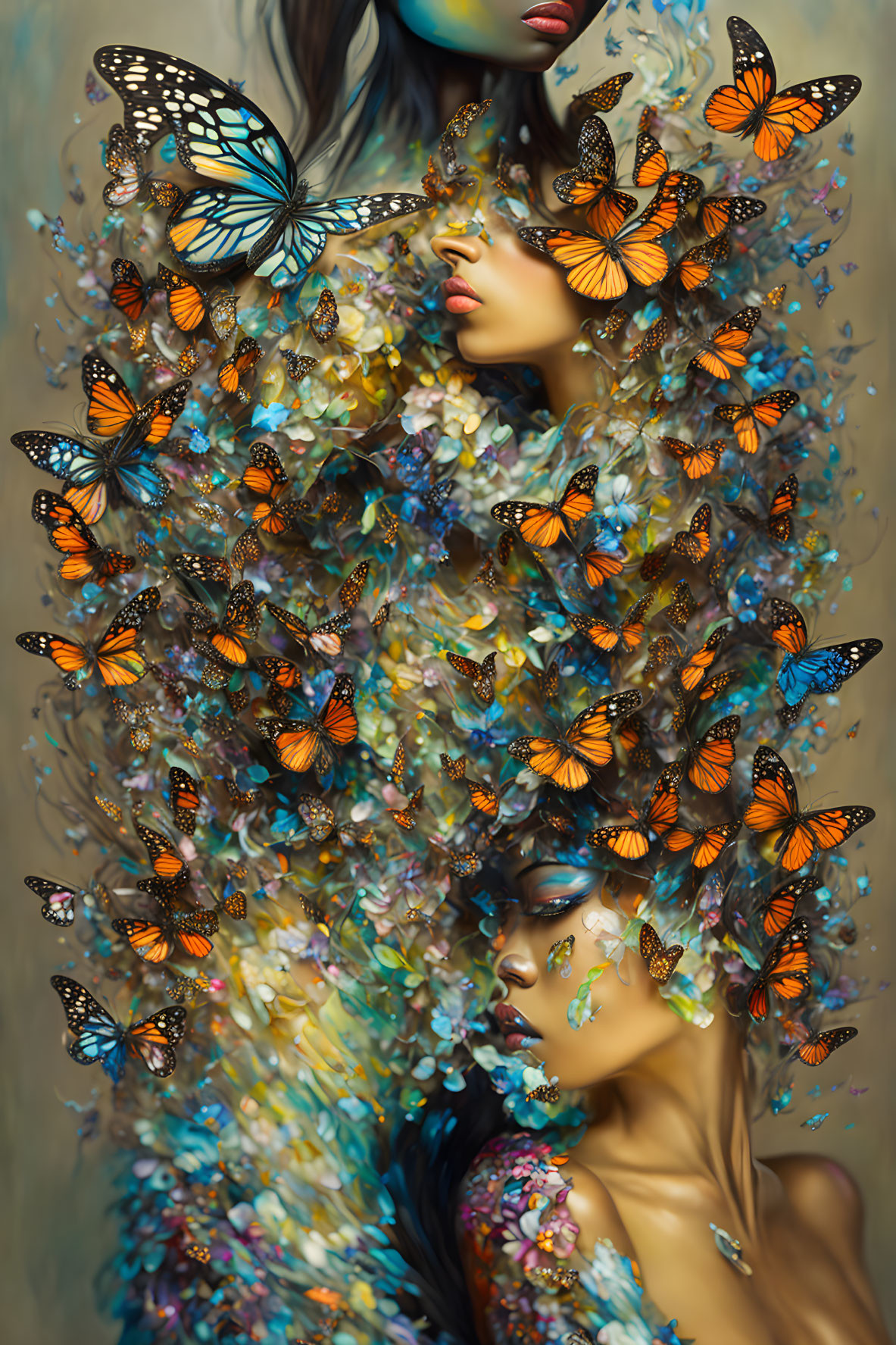 Colorful image of two women surrounded by butterflies and flowers