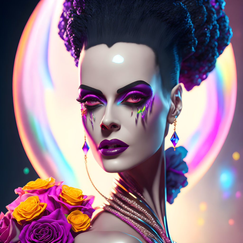 Detailed illustration of woman with purple makeup and roses on neon background