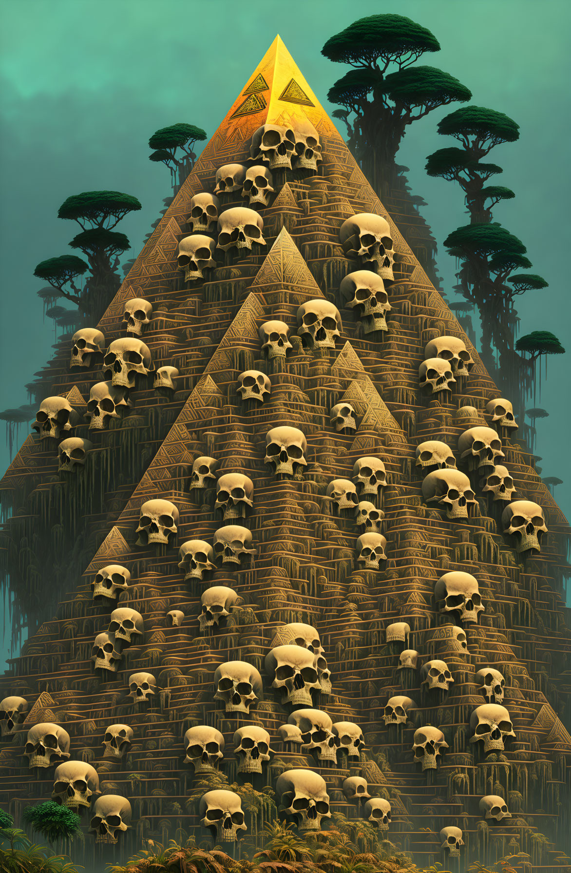 Mystical pyramid with skull decorations in jungle setting